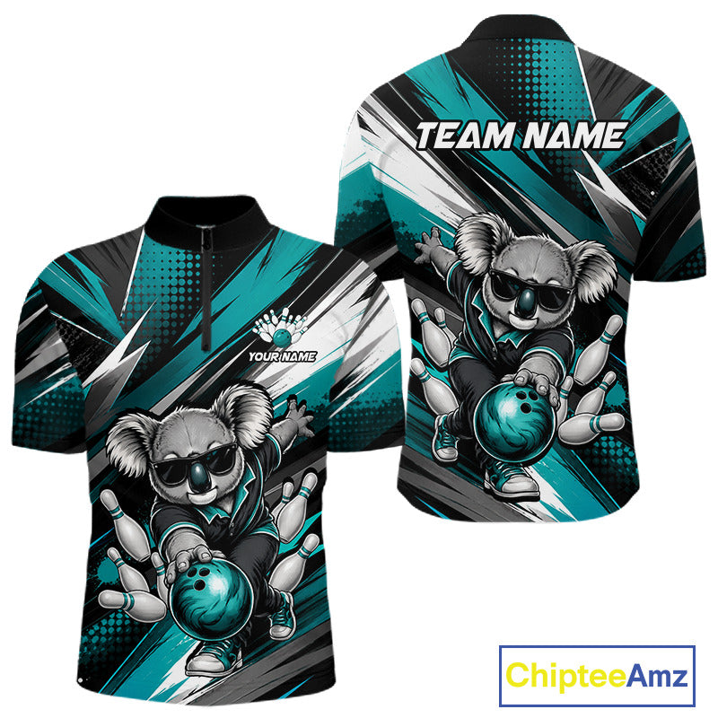 Grunge Turquoise Bear Quarter-Zip Bowling Jersey featuring custom bowling team logo, performance fabric, mascot artwork, personalized tournament apparel, bowling championship clothing.