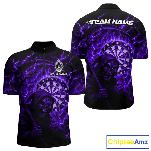Custom Lightning Purple Grim Reaper Men Dart 1/4-Zip Shirt Flames Dart Tournament Jersey NYN1447