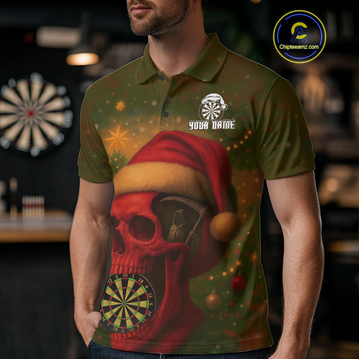 Custom Santa Skull Dartboard Christmas Dart Polo Shirt For Men Xmas Tree Dart Team Jersey NYN1454