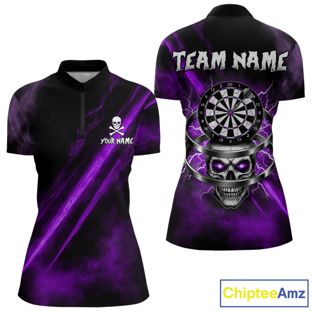Custom Silver Skull Dartboard Lightning Purple Dart Women 1/4-Zip Jerseys Outfits Dart Shirt NYN1711