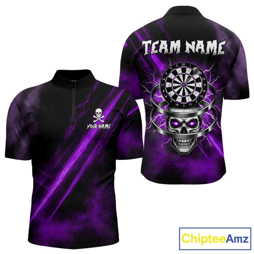 Custom Silver Skull Dartboard Lightning Purple Dart Men 1/4-Zip Jerseys Outfits Dart Shirt NYN1711
