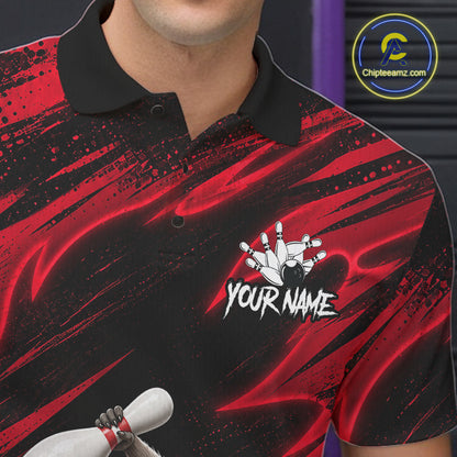 Male bowler modeling Neon Red Funny Raccoon bowling shirt featuring playful mascot, gaming culture, teamwork, custom athletic sportswear.