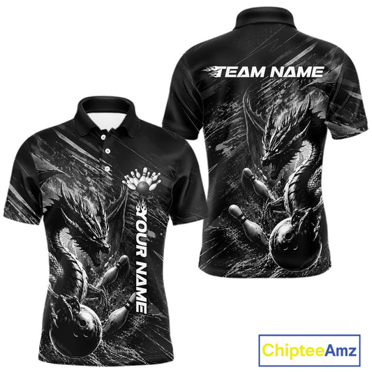 Black and White Grunge Dragon men's bowling polo shirt, personalized bowling ball and pins jersey, custom team apparel