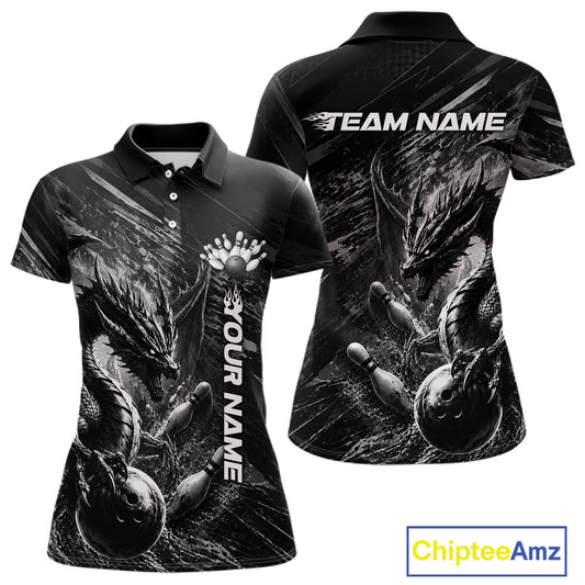 Black and White Grunge Dragon women's bowling polo shirt, personalized bowling ball and pins jersey, custom team apparel