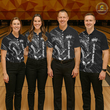 Load image into Gallery viewer, Men women bowling team wearing Black and White Grunge Dragon custom bowling uniforms, league bowling jerseys