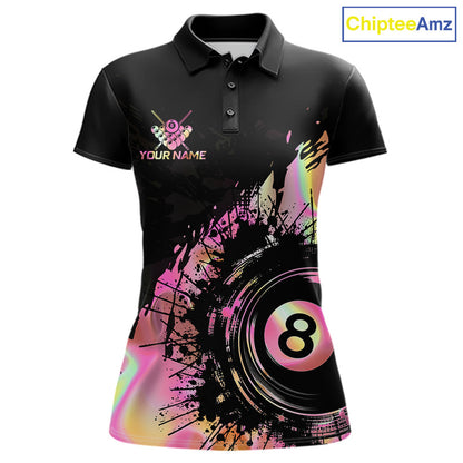 Women's Holographic Pink 8 Ball billiard polo shirt, personalized pool league jersey, pool  team apparel, custom cue sports clothing, breathable athletic polo, stylish gift for pool players.