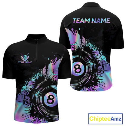 Men's holographic rainbow quarter zip billiard shirt, personalized pool league jersey, billiard tournament apparel, athletic custom uniform.