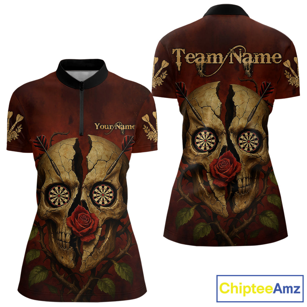 Custom Red Roses Cracked Skull Halloween Dart 1/4-Zip Shirt For Women Grunge Dart Team Jersey NYN1475