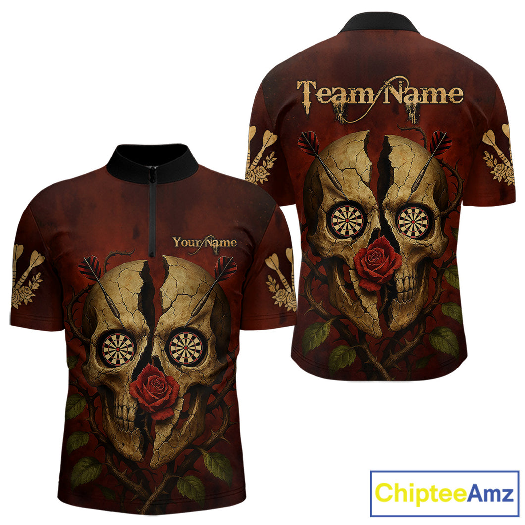 Custom Red Roses Cracked Skull Halloween Dart 1/4-Zip Shirt For Men Grunge Dart Team Jersey NYN1475