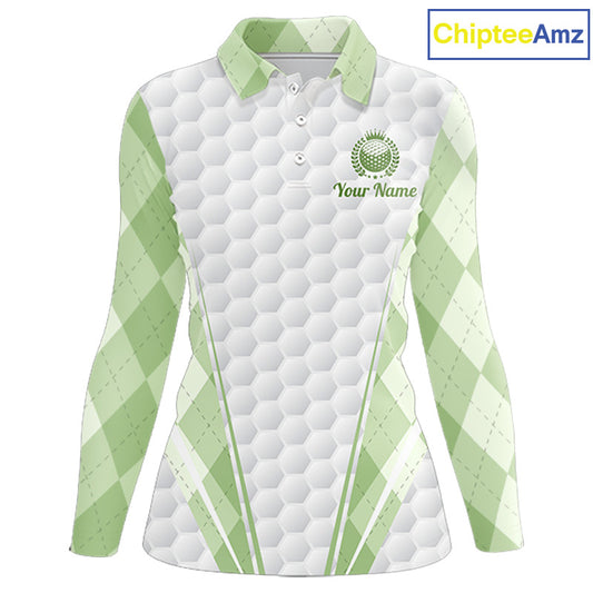Womens Golf Polo Shirt Argyle Pattern Golf Shirts For Womens Green Argyle And White Golf Ball Gifts NYN2906