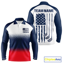 Load image into Gallery viewer, Men's US Flag golf polo shirt, patriotic red white and blue golf polo, custom golf team apparel, American flag golf shirt, men's golf uniform, tournament golf clothing