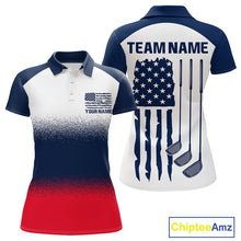 Load image into Gallery viewer, Women's US Flag golf polo shirt, patriotic red white and blue golf polo, custom golf team apparel, ladies golf uniform, American flag golf clothing, tournament golf shirt