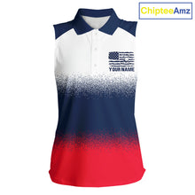 Load image into Gallery viewer, Women's US Flag golf sleeveless polo shirt, patriotic red white and blue golf polo, custom golf team apparel, ladies golf uniform, American flag golf clothing, tournament golf shirt