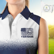 Load image into Gallery viewer, Female golfer wearing patriotic US flag golf sleeveless polo shirt, red white and blue golf apparel, women's golf tournament outfit