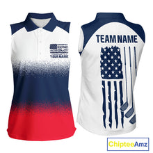 Load image into Gallery viewer, Women's US Flag golf sleeveless polo shirt, patriotic red white and blue golf polo, custom golf team apparel, ladies golf uniform, American flag golf clothing, tournament golf shirt