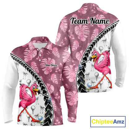 Golfing Flamingo Mens Golf Polo Shirt Custom Pink Pattern Monstera Golf Ball Clothes Shirts NYN2910