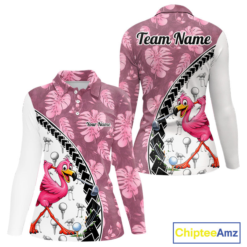 Golfing Flamingo Womens Golf Polo Shirt Custom Pink Pattern Monstera Golf Ball Clothes Shirts NYN2910