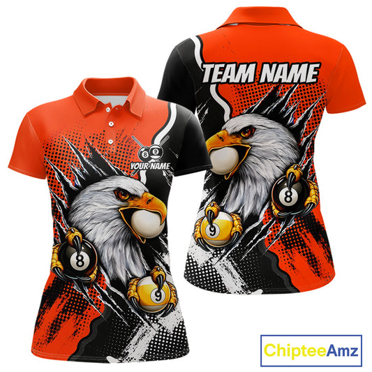 Black and orange claw 8 ball and 9 ball billiard polo shirt for women