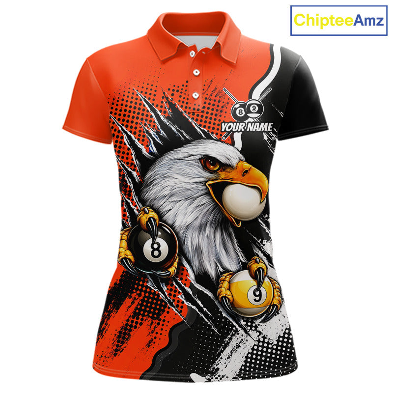 Black and orange claw 8 ball and 9 ball billiard polo shirt for women