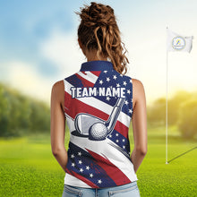Load image into Gallery viewer, Female golfer wearing patriotic US flag golf polo shirt, red white blue golf apparel, custom golf team clothing, women's golf tournament outfit