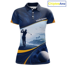 Load image into Gallery viewer, Women's palm trees golf short sleeves polo shirt, tropical ocean golf apparel, personalized golf shirt, summer golf clothing, resort golf polo, golf vacation outfit