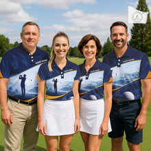 Load image into Gallery viewer, Men women golf team wearing matching tropical palm tree golf polo shirts, resort golf uniforms, golf outing apparel