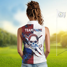Load image into Gallery viewer, Female golfer wearing red blue splatter skull golf polo shirt, custom skull golf apparel, women's golf outfit
