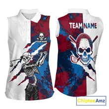 Load image into Gallery viewer, Women's red and blue splatter skull golf sleeveless polo shirt, skull golf apparel, custom golf team shirt, funny golf clothing, tournament golf polo
