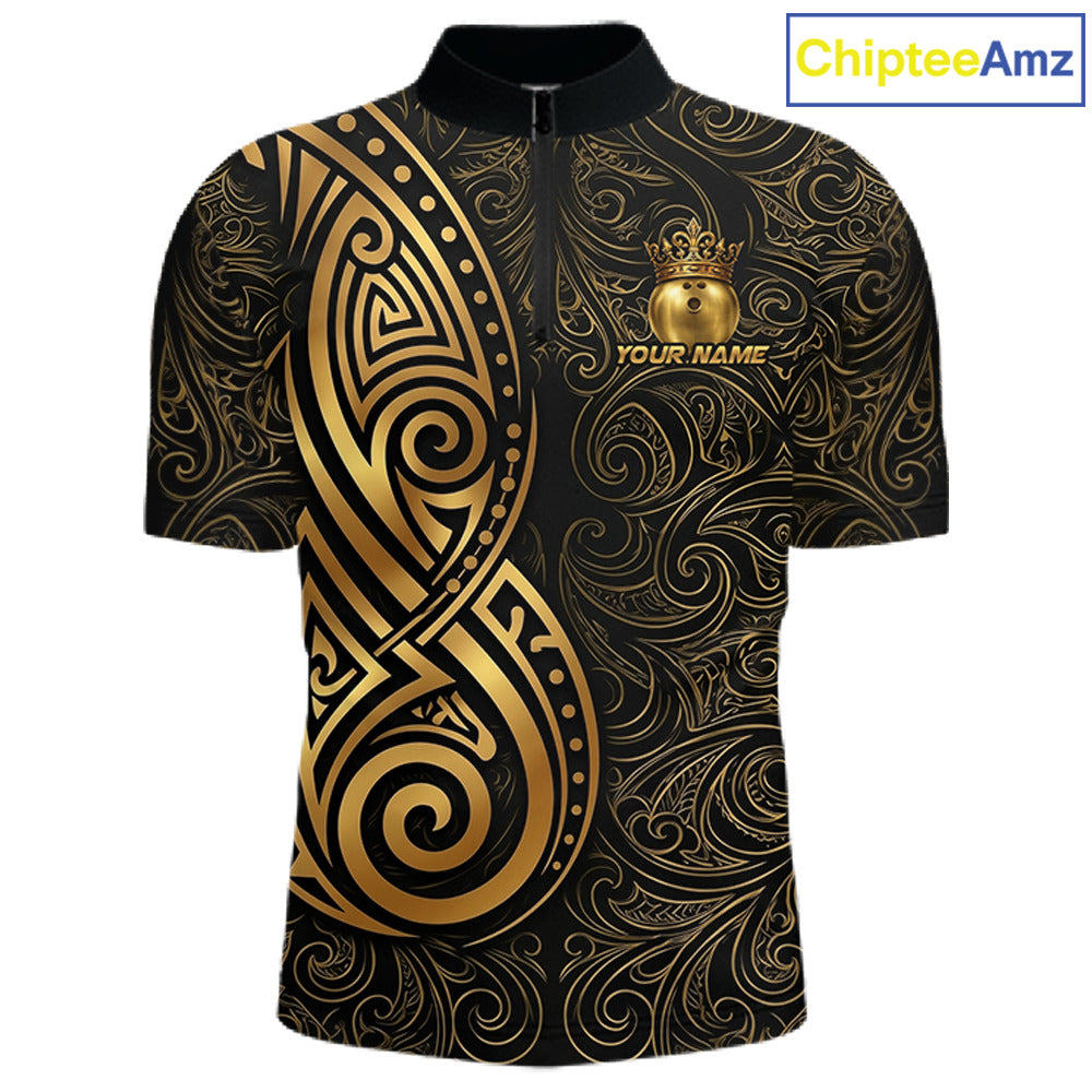 Black And Gold Crown Bowling Ball Polo & 1/4-Zip Shirts For Men Custom Tribal Bowling Team Jerseys NYN3124