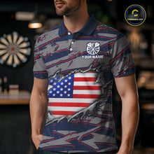 Load image into Gallery viewer, Male darts player wearing Blue and Red American Flag dart jersey, patriotic darts apparel, personalized dart team shirt, tournament darts outfit