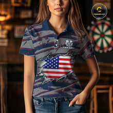 Load image into Gallery viewer, Female darts player wearing Blue and Red American Flag dart jersey, patriotic darts apparel, personalized dart team shirt, tournament darts outfit