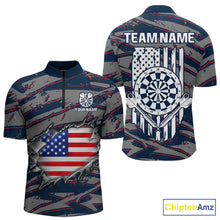 Load image into Gallery viewer, Blue and Red American Flag men's quarter-zip darts shirt, patriotic dart team jersey, custom USA flag dart apparel, performance darts uniform