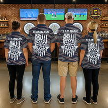 Load image into Gallery viewer, Men women darts team wearing matching Blue and Red American Flag dart jerseys, patriotic dart team uniforms, custom league darts apparel