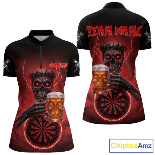 Custom Funny Skull And Beer Lightning Red Dartboard Dart Women Quarter-Zip Jerseys Dart Team Shirts NYN1755