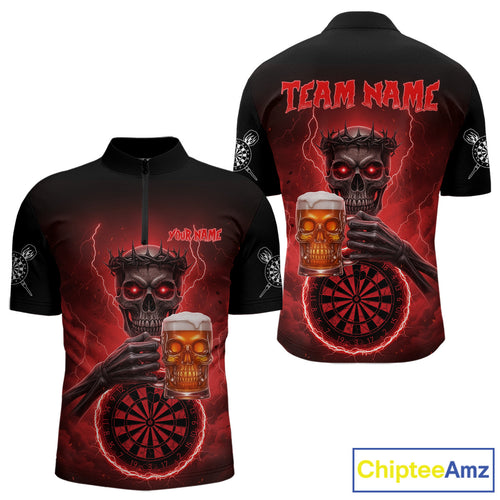 Custom Funny Skull And Beer Lightning Red Dartboard Dart Men Quarter-Zip Jerseys Dart Team Shirts NYN1755