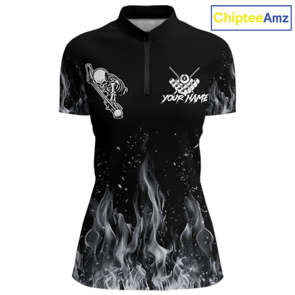 Grey Skeleton Play Pool Billiard Shirt For Women Custom Fire Flame Billiard Jersey, Billiards Gifts NYN3139