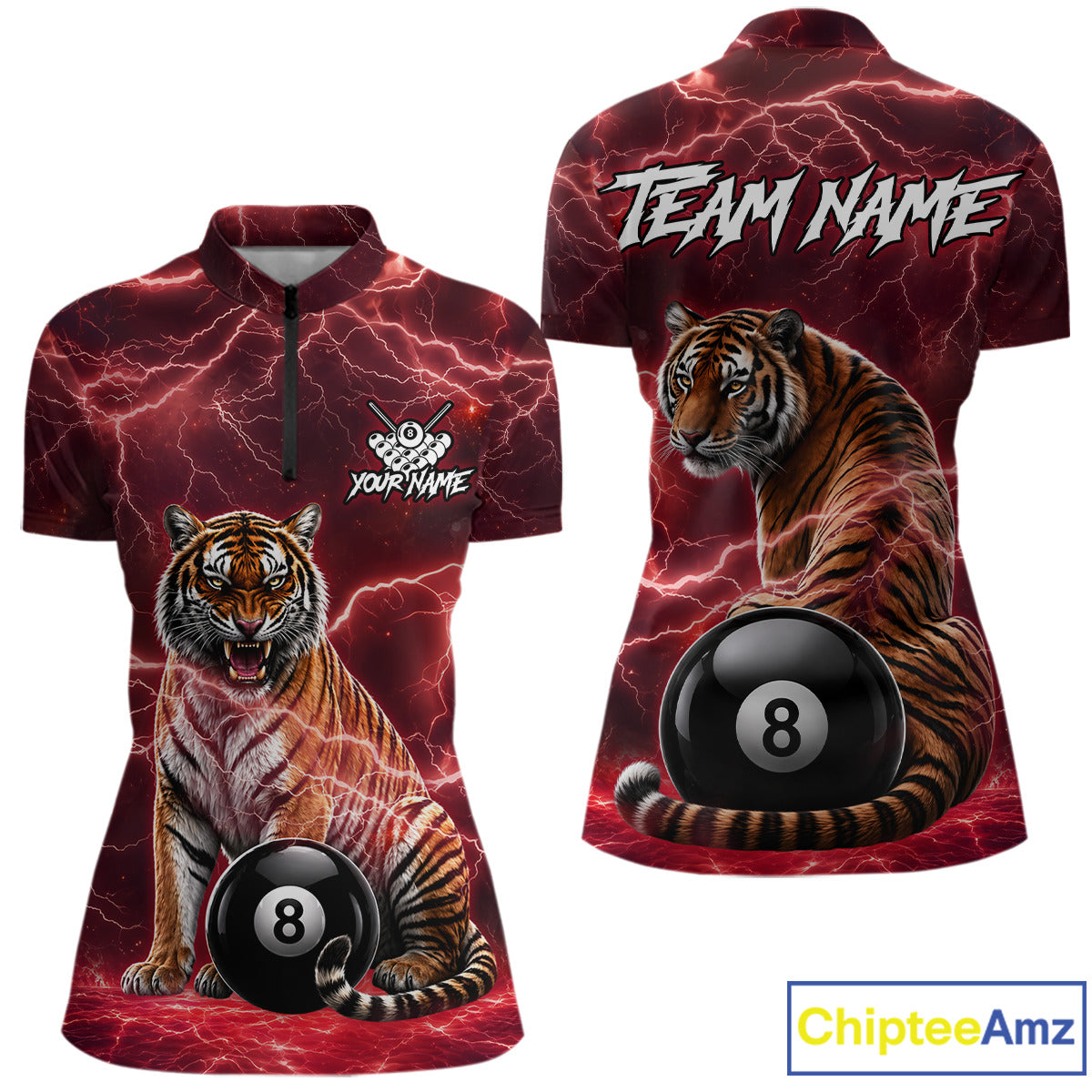 Thunder Red Funny Tiger 8 Ball Billiard Pool Shirt For Women Custom Billiard Team Attire NYN3141