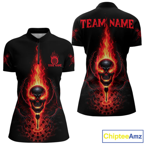 Skeleton Fire Flame Dartboard Custom Women Quarter-Zip Dart Shirt Red Skull Dart Jerseys NYN1769