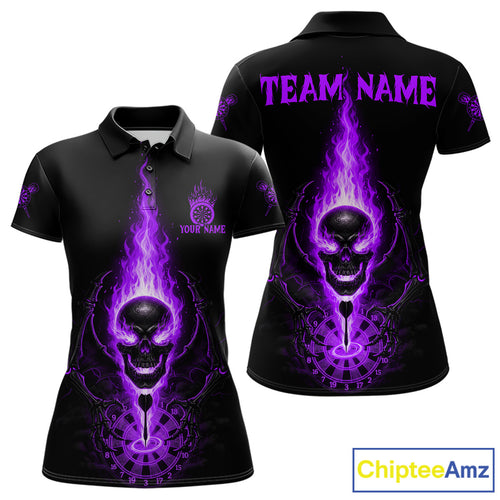 Skeleton Fire Flame Dartboard Custom Women Polo Dart Shirt Purple Skull Dart Jerseys NYN1770