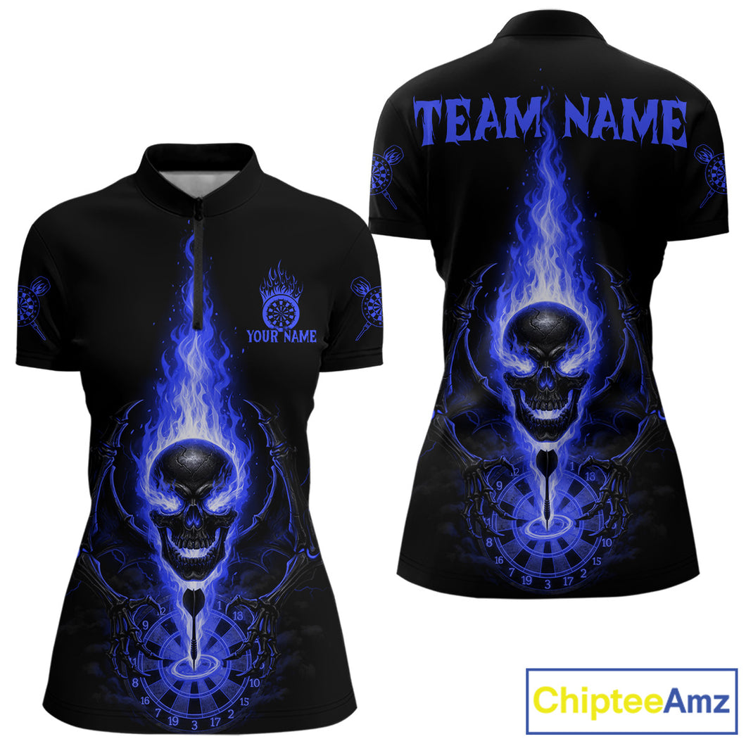 Skeleton Fire Flame Dartboard Custom Women Quarter-Zip Dart Shirt Blue Skull Dart Jerseys NYN1771