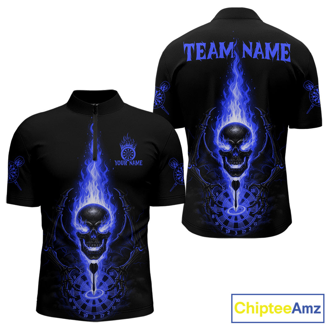 Skeleton Fire Flame Dartboard Custom Mens Quarter-Zip Dart Shirt Blue Skull Dart Jerseys NYN1771