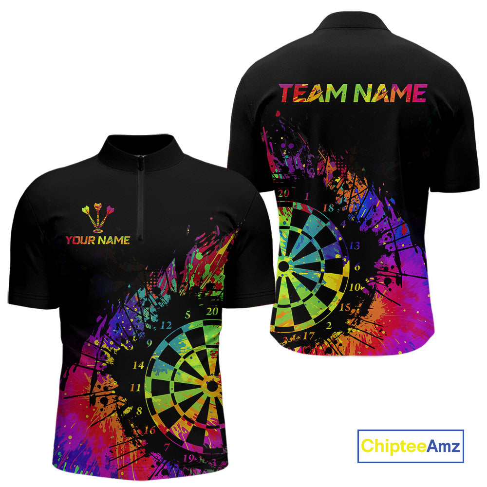 Colorful Splatter Dartboard Grunge Dart Quarter-Zip Shirts For Men Custom Name For Darters NYN2281