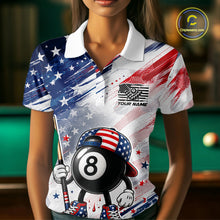 Load image into Gallery viewer, Female billiard player wearing personalized Grunge US Flag Funny 8 Ball pool jersey