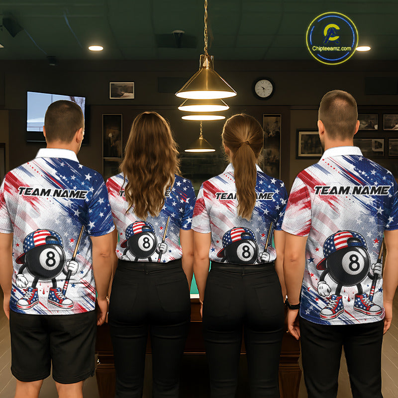 Men women billiard team wearing matching Grunge US Flag Funny 8 Ball patriotic team uniforms