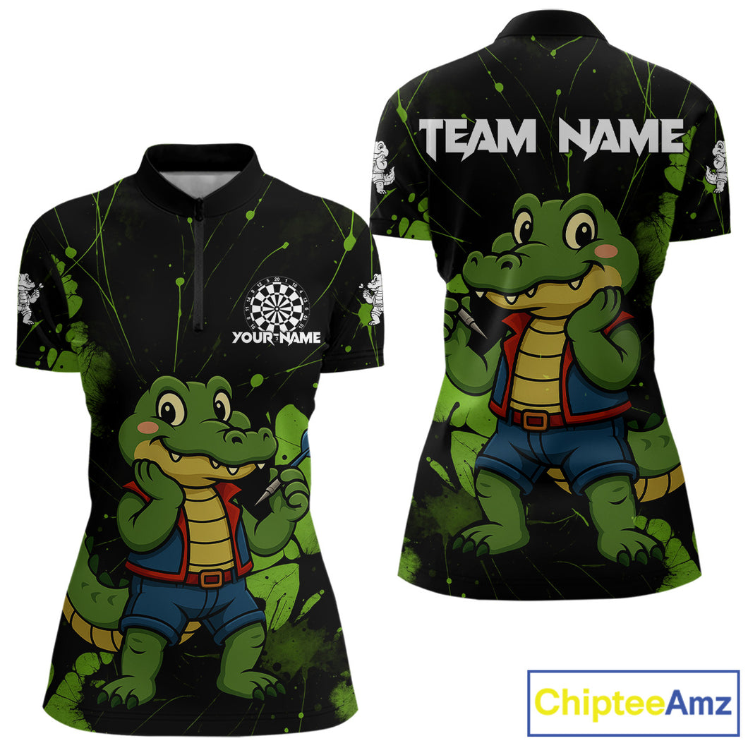 Custom Green Crocodile Funny Dart 1/4-Zip Shirt For Women Splatter Dart Team Jerseys NYN1527
