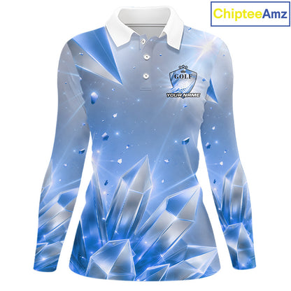 Women Golf Polo Shirt Custom Blue-Diamond Crystal Golf Ball Custom Name Golf Shirts For Team NYN3156