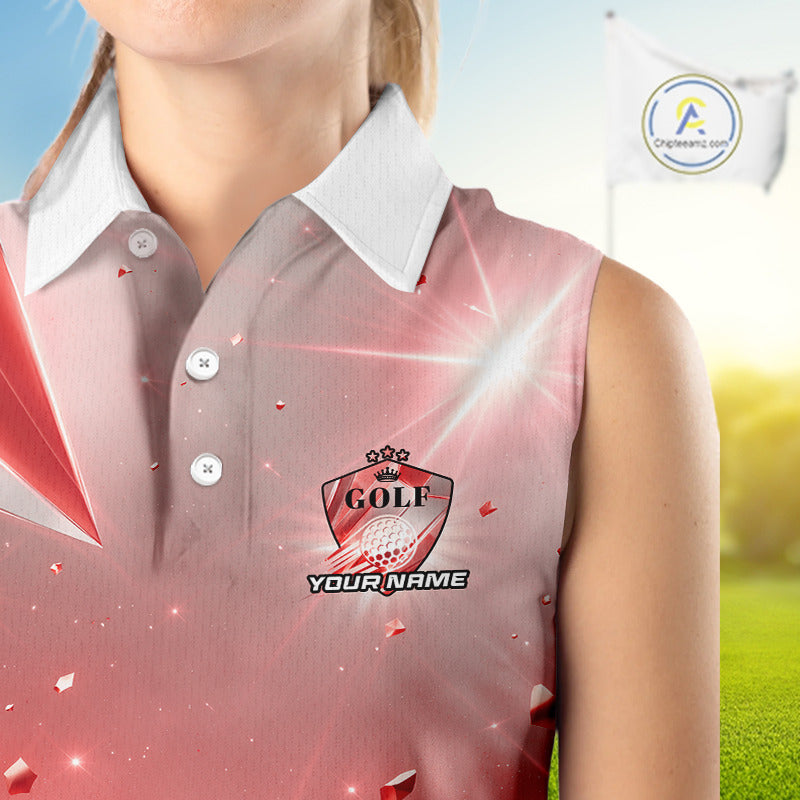 Women Golf Sleeveless Polo Shirt Custom Red-Diamond Crystal Golf Ball Custom Name Golf Shirts For Team NYN3157