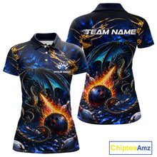 Load image into Gallery viewer, Blue And Gold Dragon Bowling Shirt For Women Custom Fire Flame Polo 1/4-Zip Bowling Team Jersey NYN3644