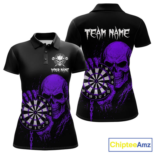 Custom Women Dart Polo Shirt With Purple Blood Skull Holding Dartboard, Darts Jersey  NYN1794