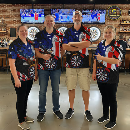 Red, Black And Blue American Flag Eagle Darts Shirts For Women Custom Patriotic Darts Team Jersey NYN3351